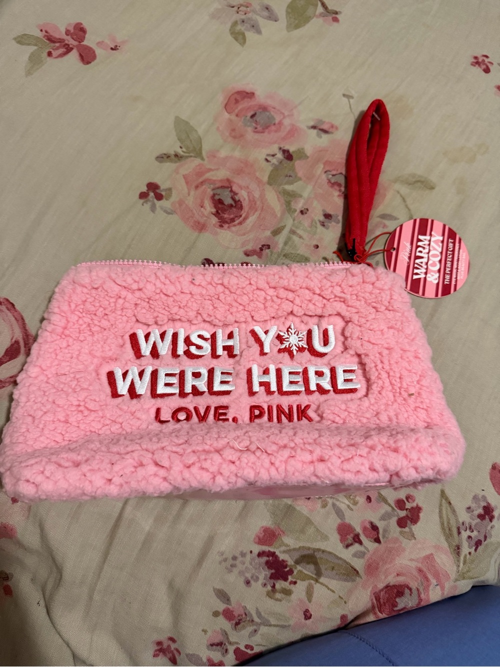 PINK Victoria's Secret Pink Sherpa Wristlet with Red Strap